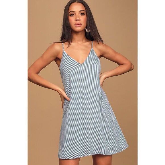 ✨Adrift Blue Striped Tie-Back Mini Swing Dress✨ - Picture 2 of 10